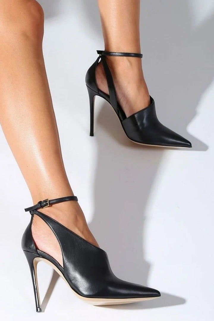 Winona – Black Cut-Out Pointed Stiletto Heels with Ankle Strap and Buckle – Byron Grace