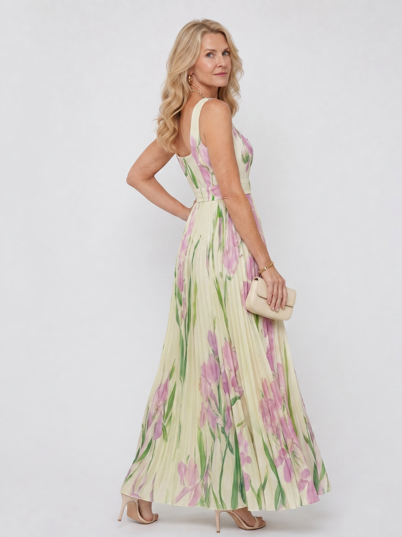 Chloe - Sleeveless Satin Midi Dress with Square Neck and Pleats