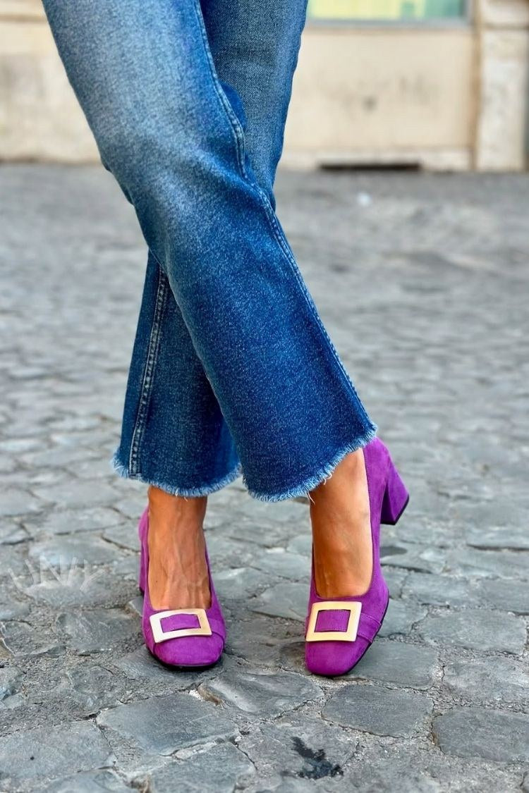 Thea – Navy Blue Patchwork Square-Toe Chunky Heels – Byron Grace