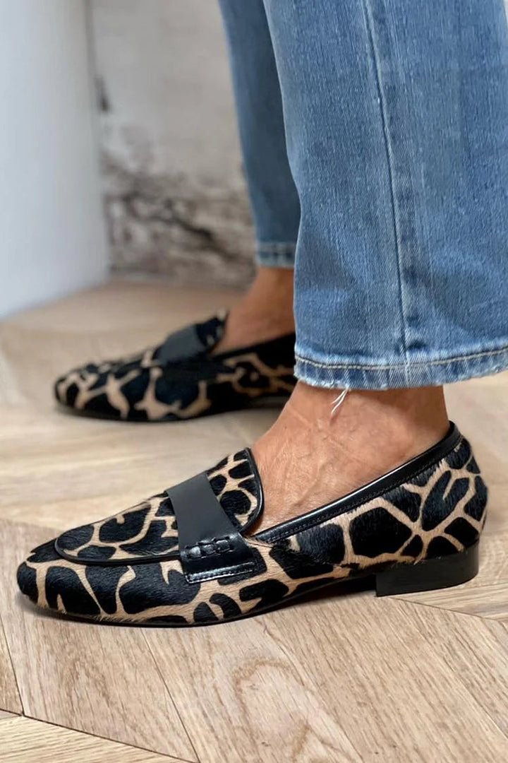 Gloria – Cow-Print Colour-Block Round-Toe Slip-On Loafers – Byron Grace
