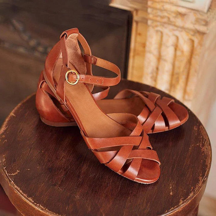 Tia – Plain Cut-Out Peep-Toe Sandals with Ankle Strap and Buckle – Byron Grace