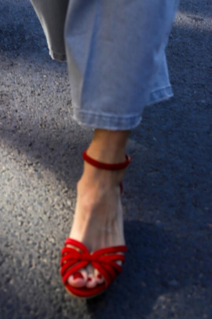 Rafaela – Red Suede Open-Toe Sandals with Criss-Cross Straps – Byron Grace