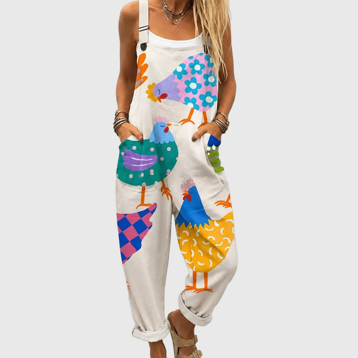 Annabelle – Soft Overall with Colorful Chicken Print