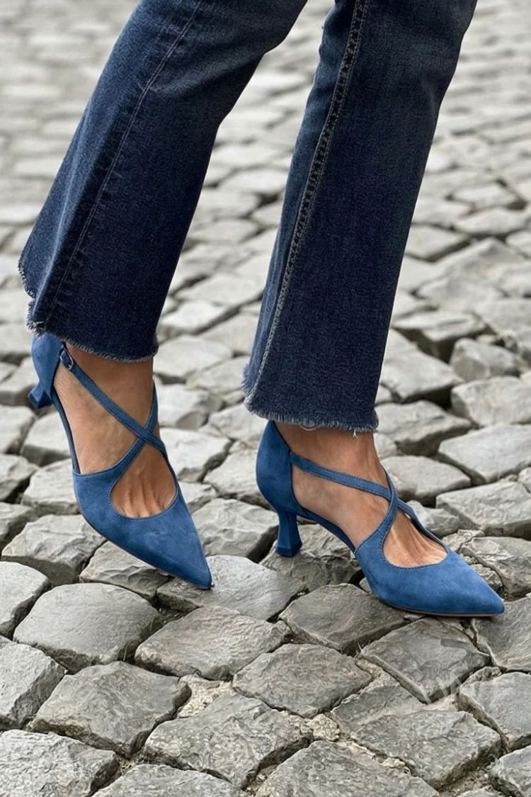 Katarina – Khaki Plain Pointed Low Heels with Buckle and Criss-Cross Straps – Byron Grace