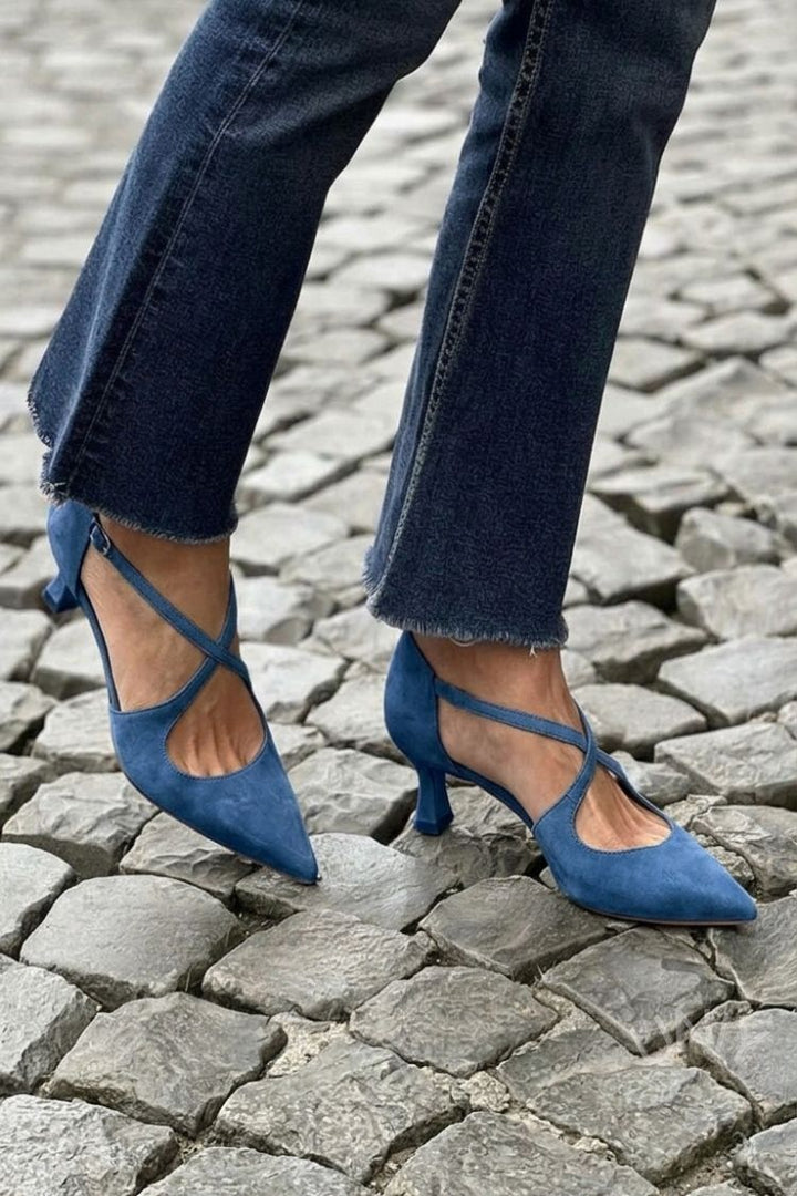 Katarina – Khaki Plain Pointed Low Heels with Buckle and Criss-Cross Straps – Byron Grace