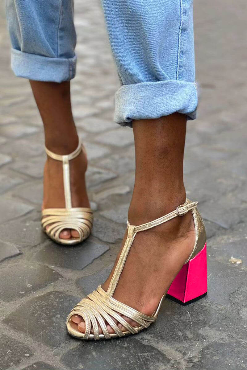 Tamsin – Peep-Toe Chunky Heels with Buckle, T-Strap and Straps – Byron Grace