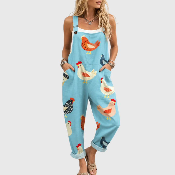 Courtney – Casual Blue Overall with Chicken Print