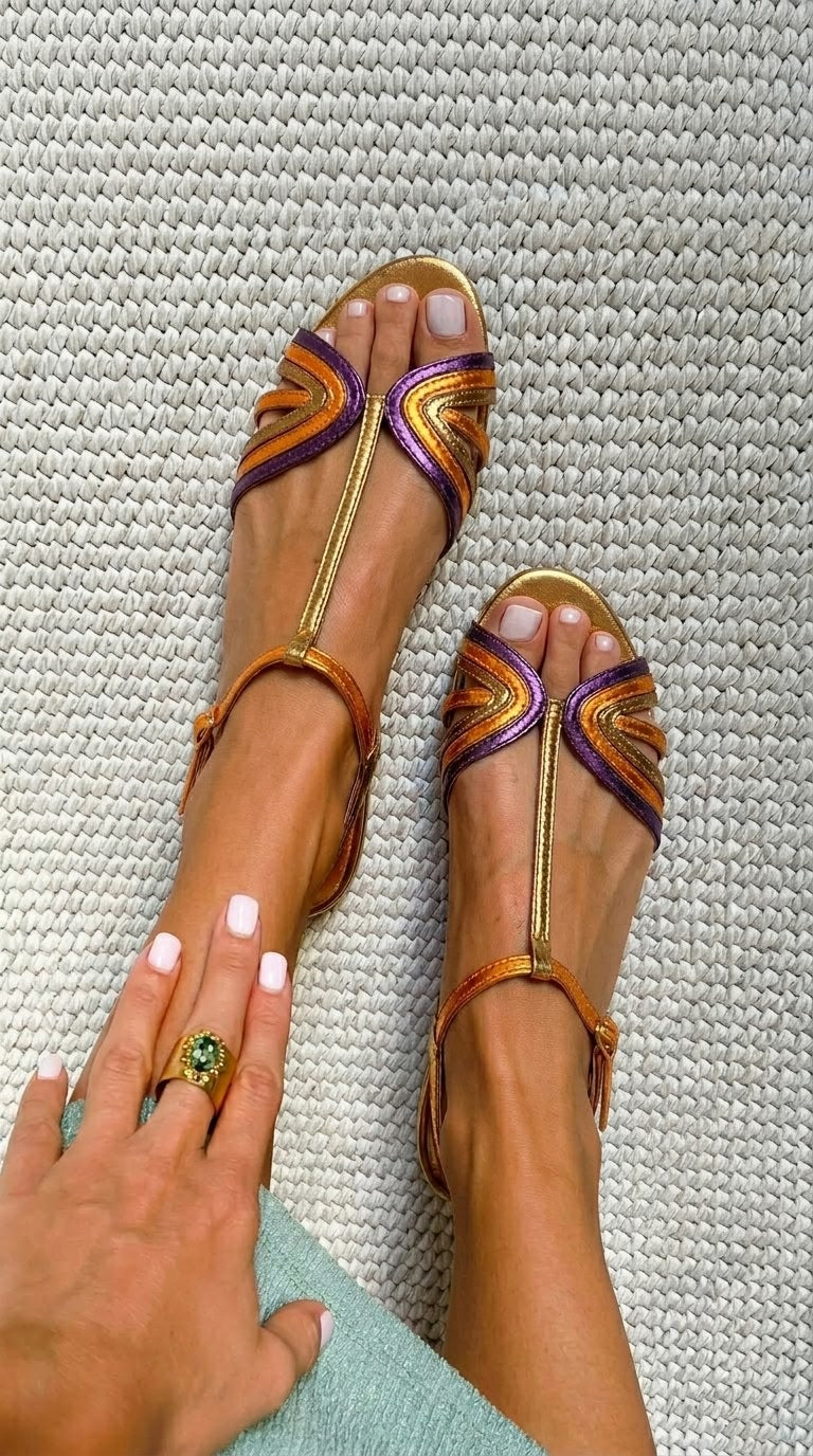 Odile – Purple and Gold Metallic Peep-Toe Sandals with T-Strap – Byron Grace