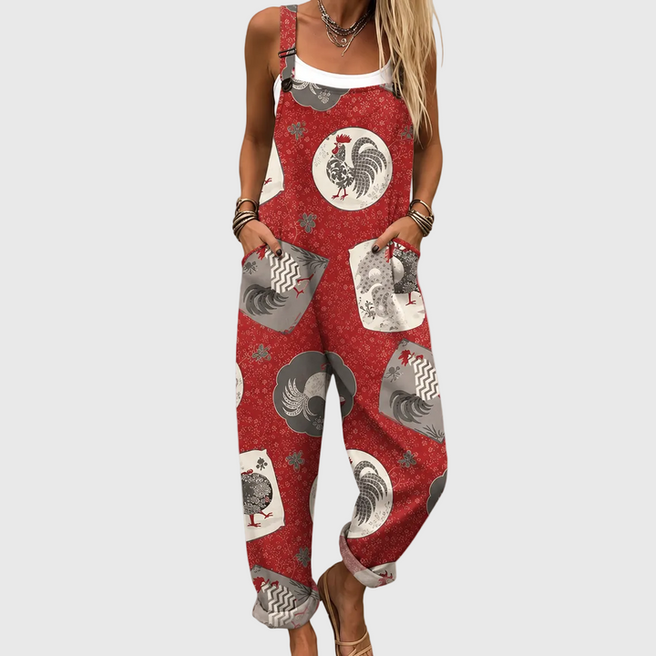 Tessa – Relaxed Overalls with Vintage Rooster Print