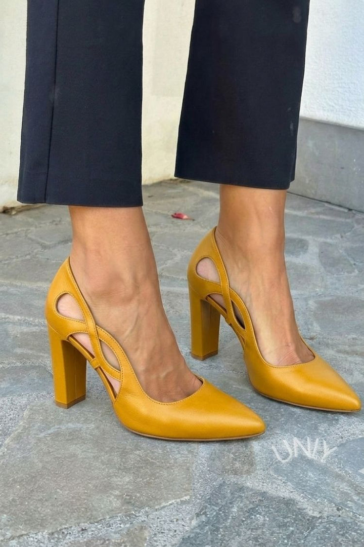 Talia – Faux-Leather Cut-Out Pointed Pumps with Block Heel – Byron Grace