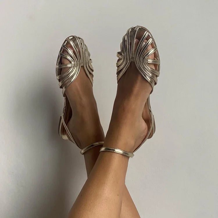 Priya – Plain Round-Toe Cut-Out Ballet Flats with Ankle Strap – Byron Grace