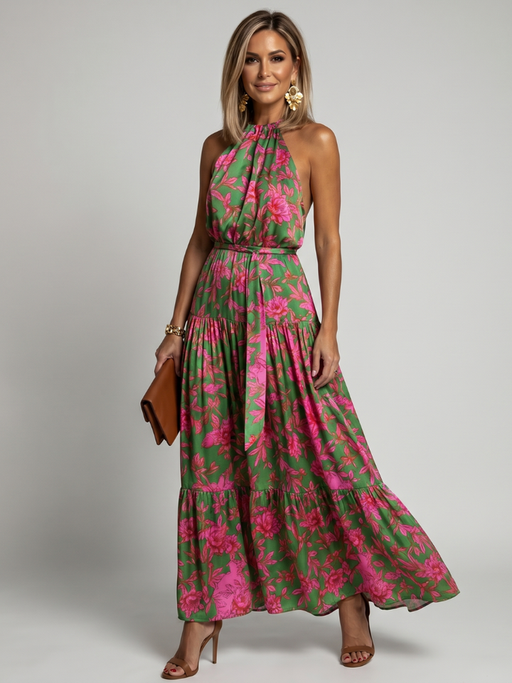 Ava - Pink Draped Midi Dress with Halter Neckline