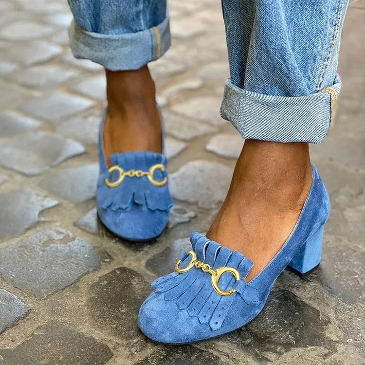 Vanessa – Matte Round-Toe Chunky Heels with Buckle and Fringe – Byron Grace