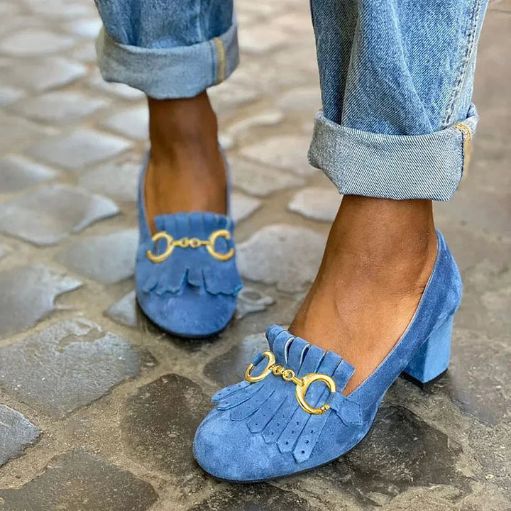 Vanessa – Matte Round-Toe Chunky Heels with Buckle and Fringe – Byron Grace