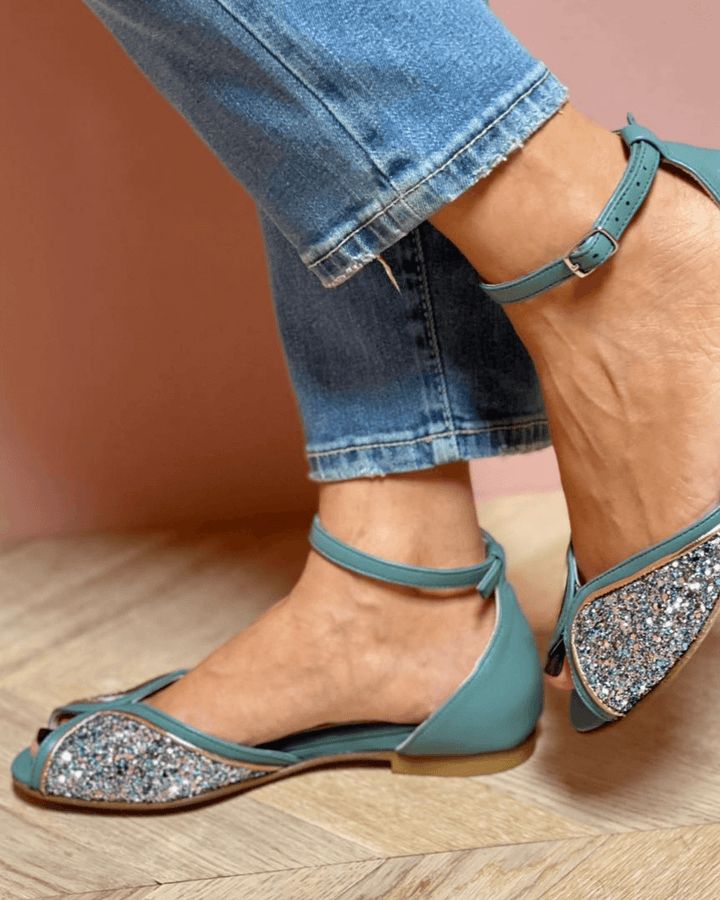 Marina – Glitter Patchwork Peep-Toe Sandals with Ankle Strap and Buckle – Byron Grace