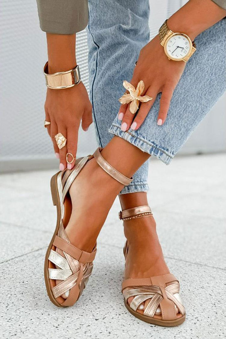 Mila – Champagne Colour-Block Cut-Out Sandals with Ankle Strap and Buckle – Byron Grace