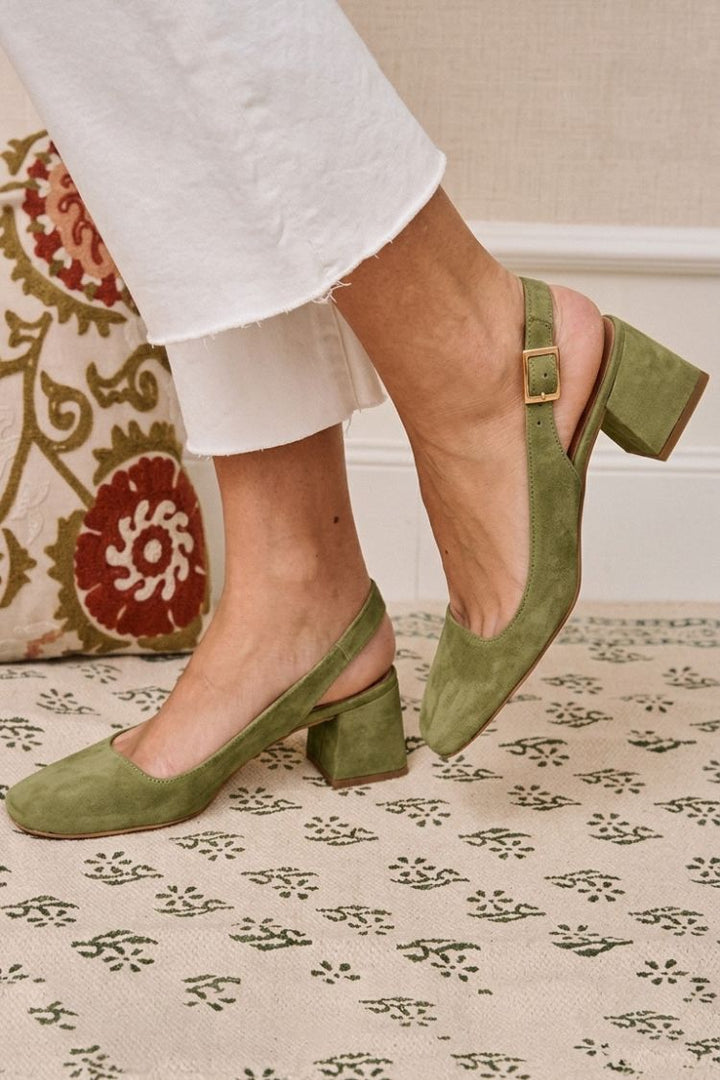 Hazel – Khaki Essential Chunky Square-Toe Slingback Heels with Buckle – Byron Grace