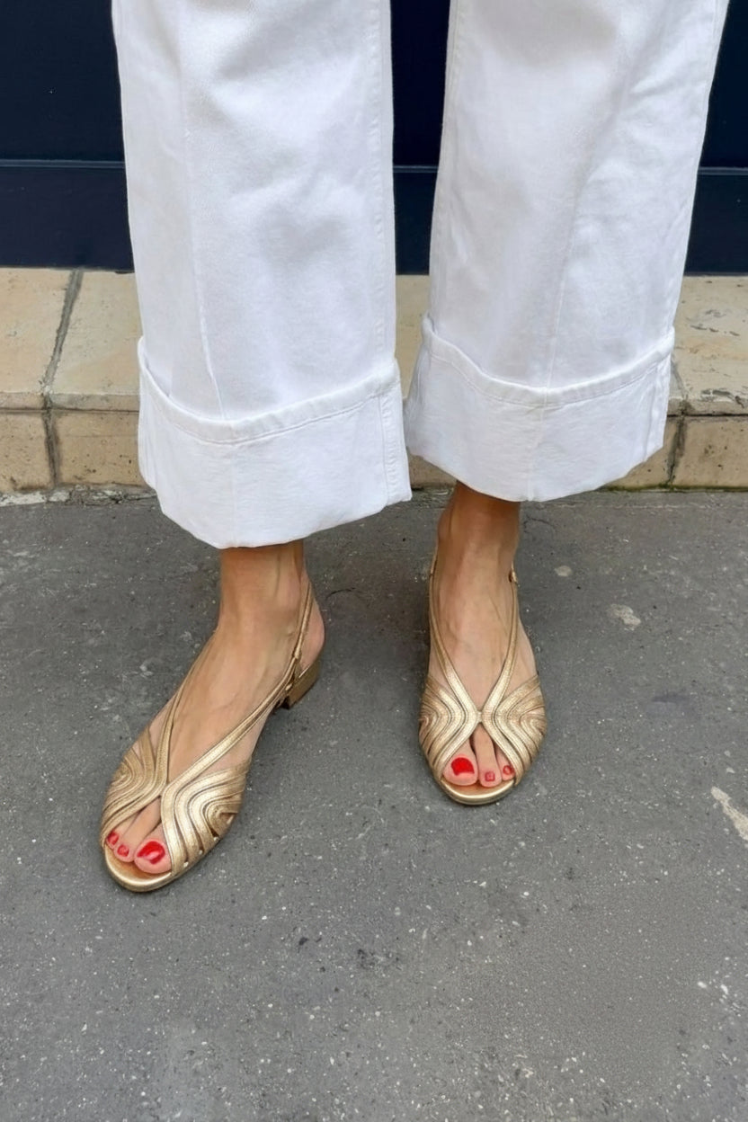 Clementine – Gold Metallic Round-Toe Slingback Sandals with Straps – Byron Grace