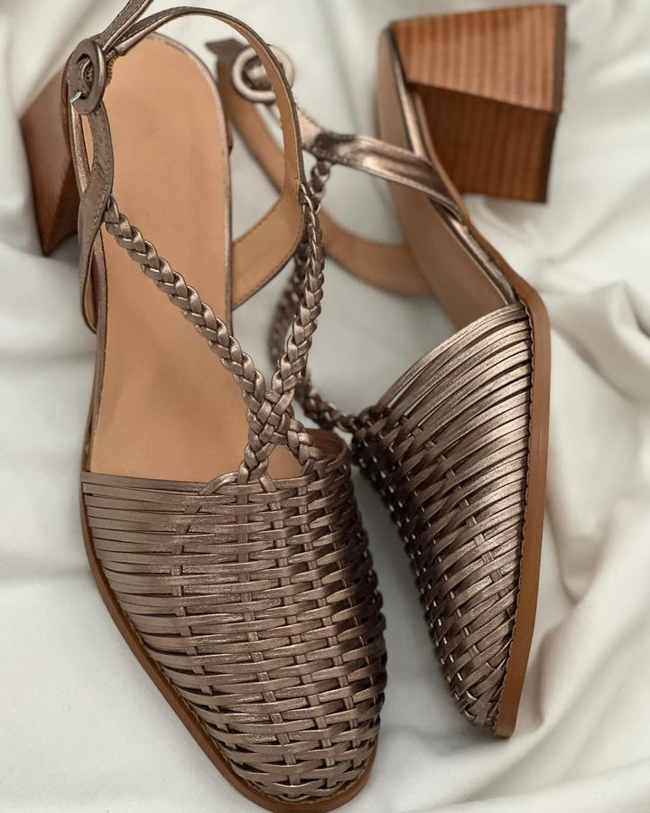 Fleur – Champagne Woven Metallic Pointed Block Heels with Straps – Byron Grace