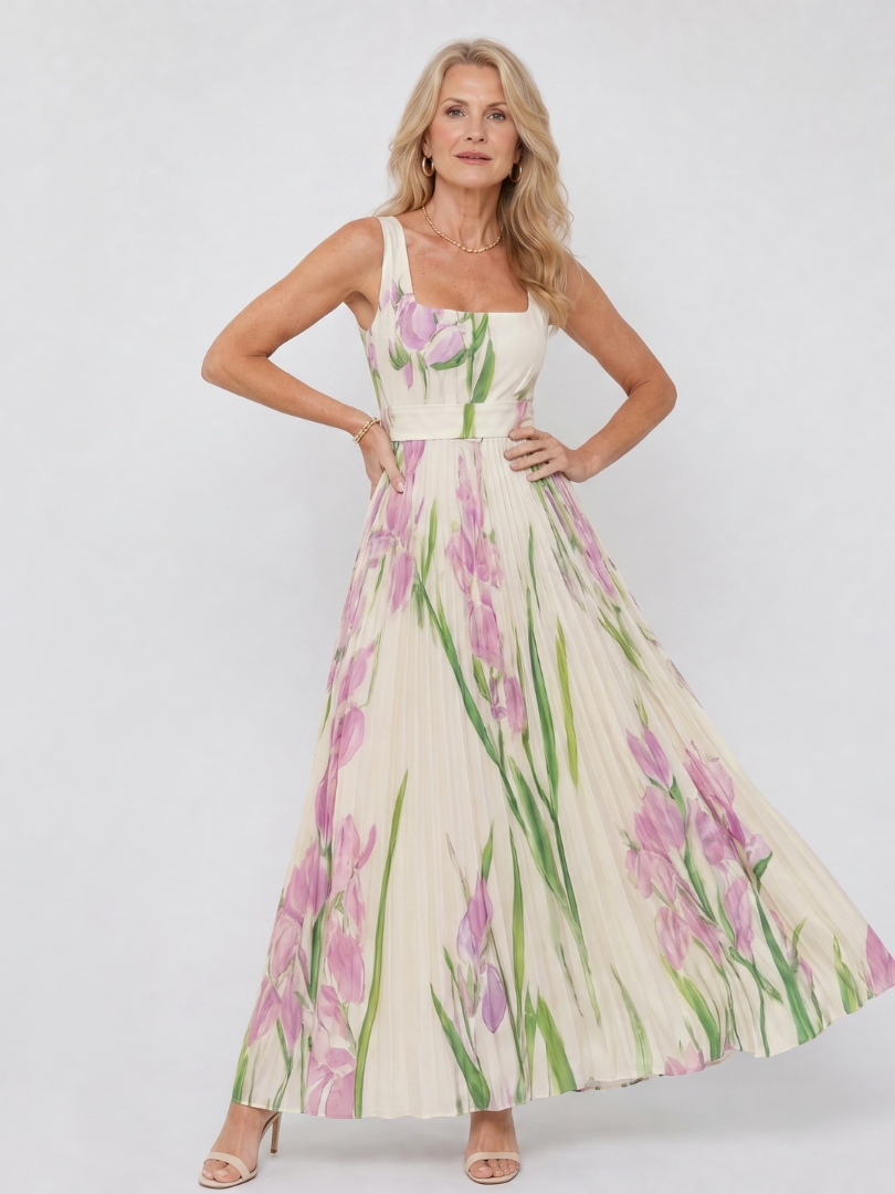 Chloe - Sleeveless Satin Midi Dress with Square Neck and Pleats