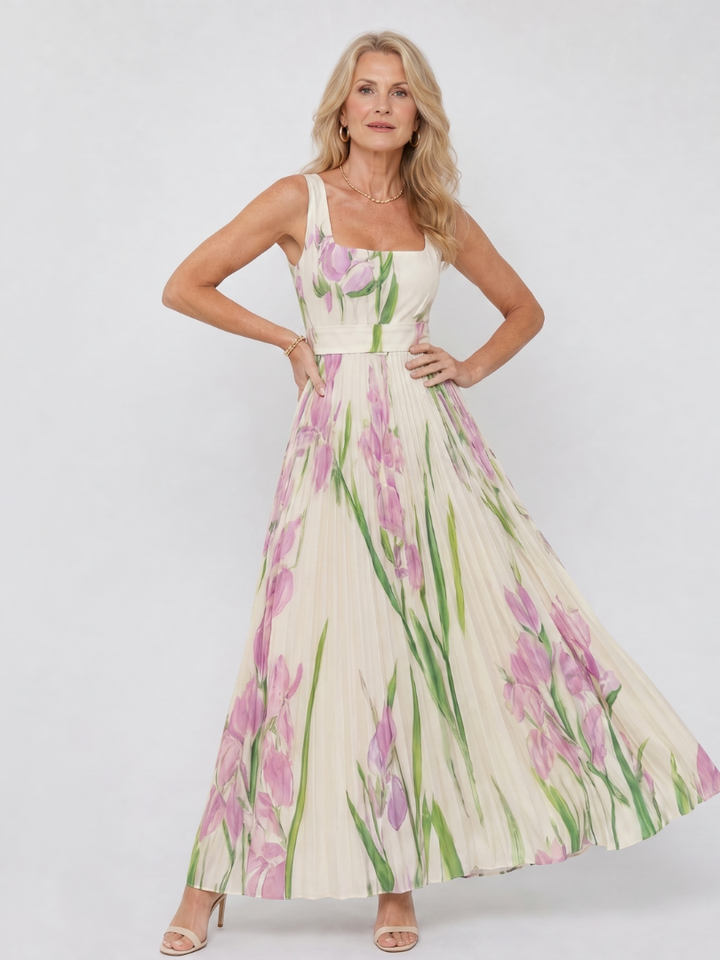 Chloe - Sleeveless Satin Midi Dress with Square Neck and Pleats