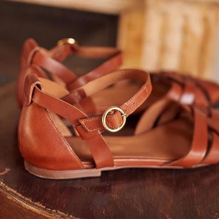 Tia – Plain Cut-Out Peep-Toe Sandals with Ankle Strap and Buckle – Byron Grace