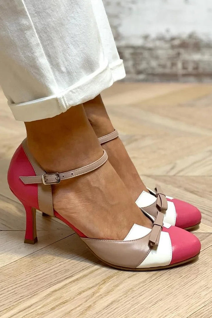 Josie – Fuchsia Colour-Block Patchwork Round-Toe Stiletto Heels with Bow – Byron Grace