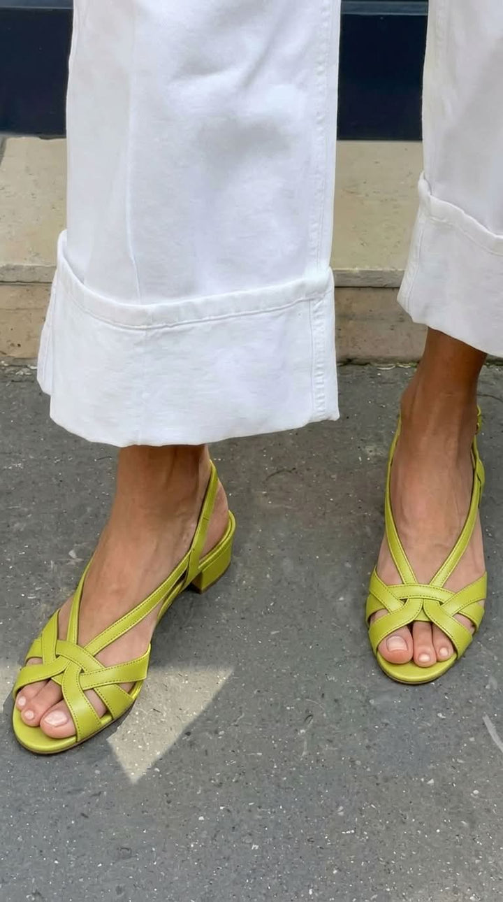 Scarlett – Nude Leather Slingback Sandals with Criss-Cross Straps and Low Heel – Byron Grace