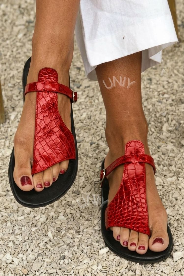 Isla – Croc-Effect Thong Sandals with Instep Strap and Buckle – Byron Grace