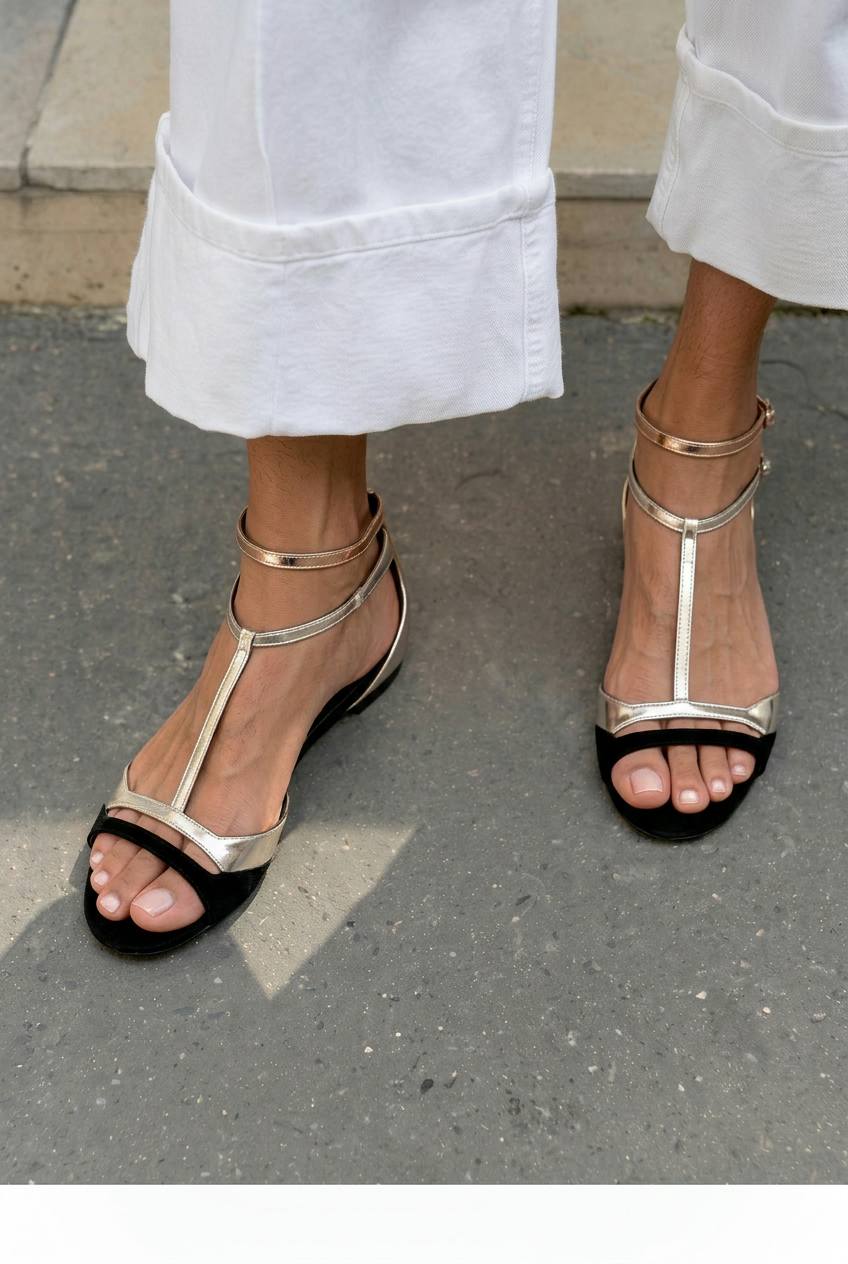 Iona – Metallic Flat Open-Toe Sandals with T-Strap – Byron Grace