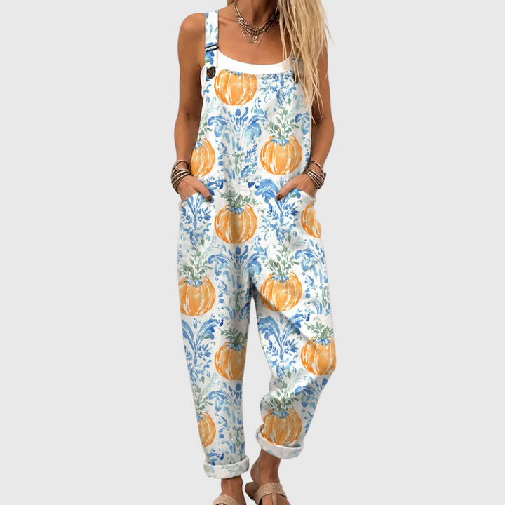 Saskia – Soft Overall with Pumpkins and Blue Floral Patterns