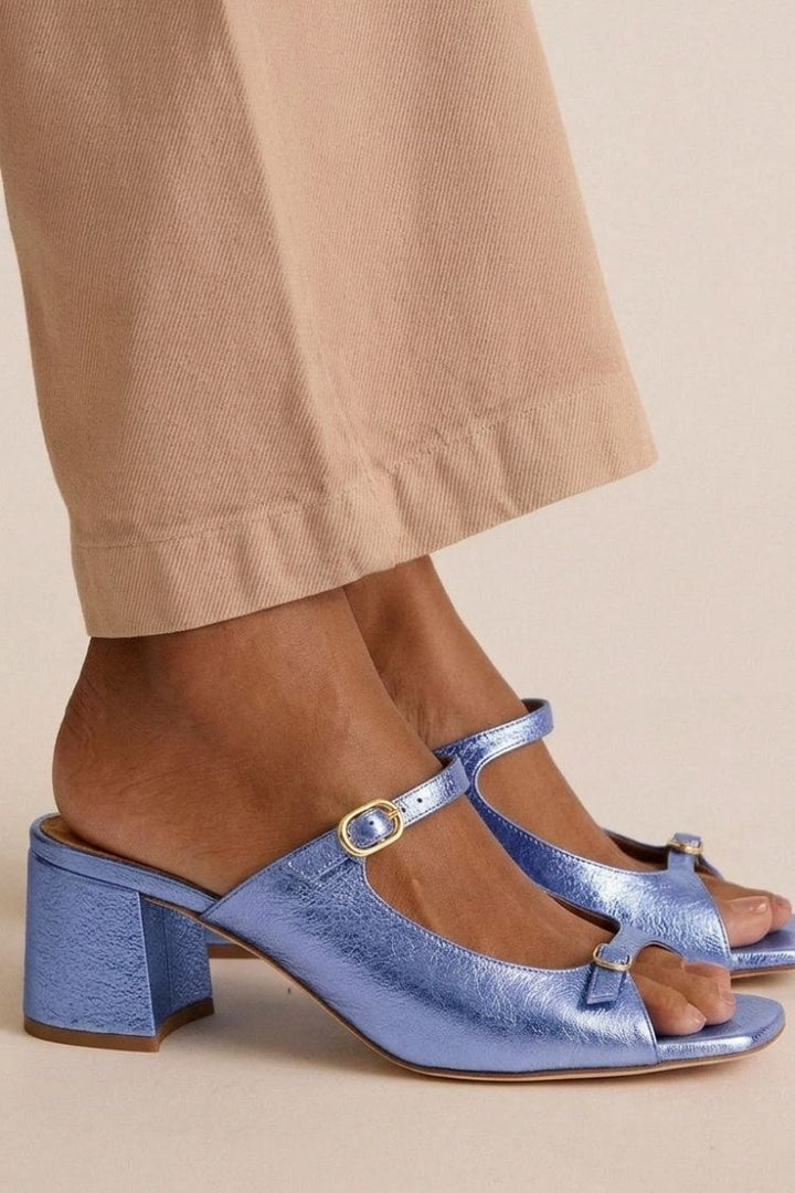 Tallulah – Gold Colour-Block Cut-Out Slingback Chunky Heels – Byron Grace
