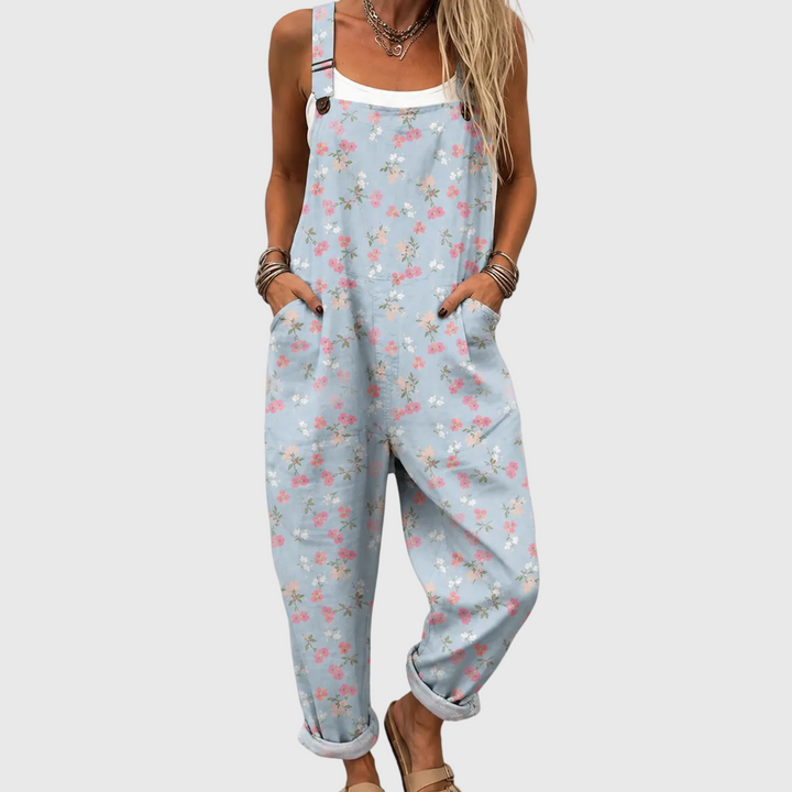 Sophie – Soft Blue Overall with Floral Pattern