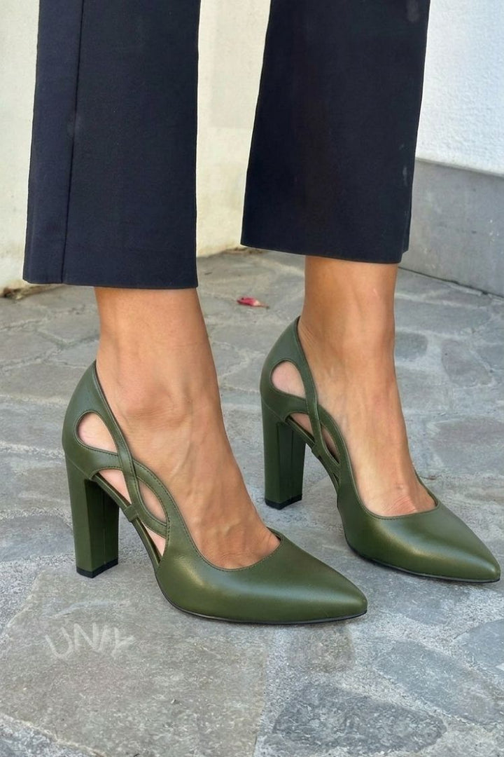 Talia – Faux-Leather Cut-Out Pointed Pumps with Block Heel – Byron Grace