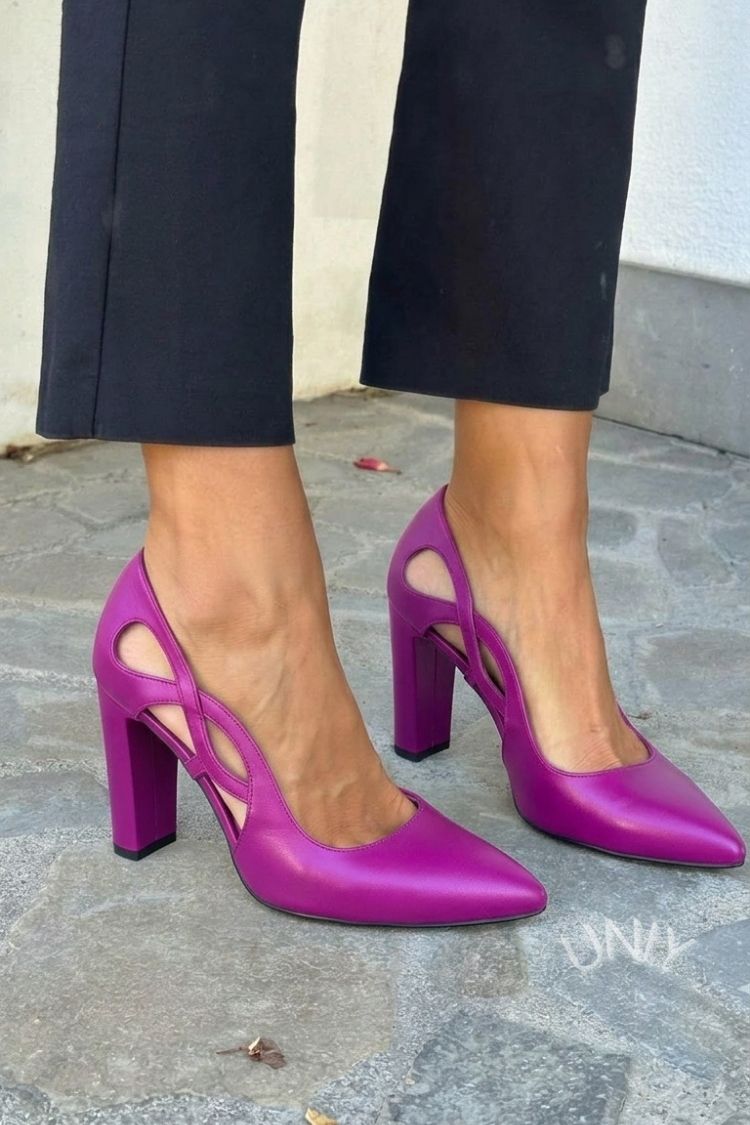 Talia – Faux-Leather Cut-Out Pointed Pumps with Block Heel – Byron Grace