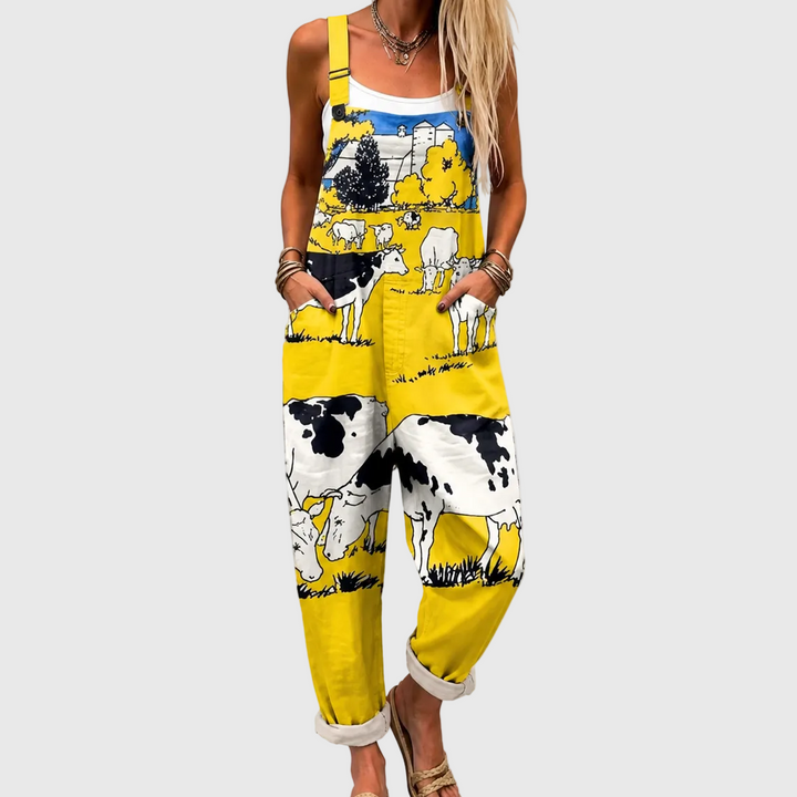 Stephanie – Soft Yellow Overall with Country Print