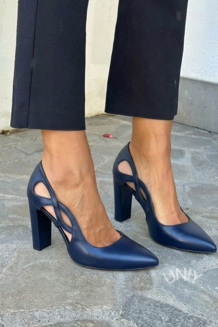 Talia – Faux-Leather Cut-Out Pointed Pumps with Block Heel – Byron Grace