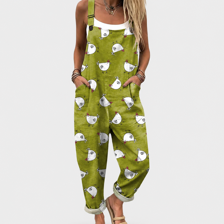 Rosie – Soft Olive Green Overall with Hen Pattern