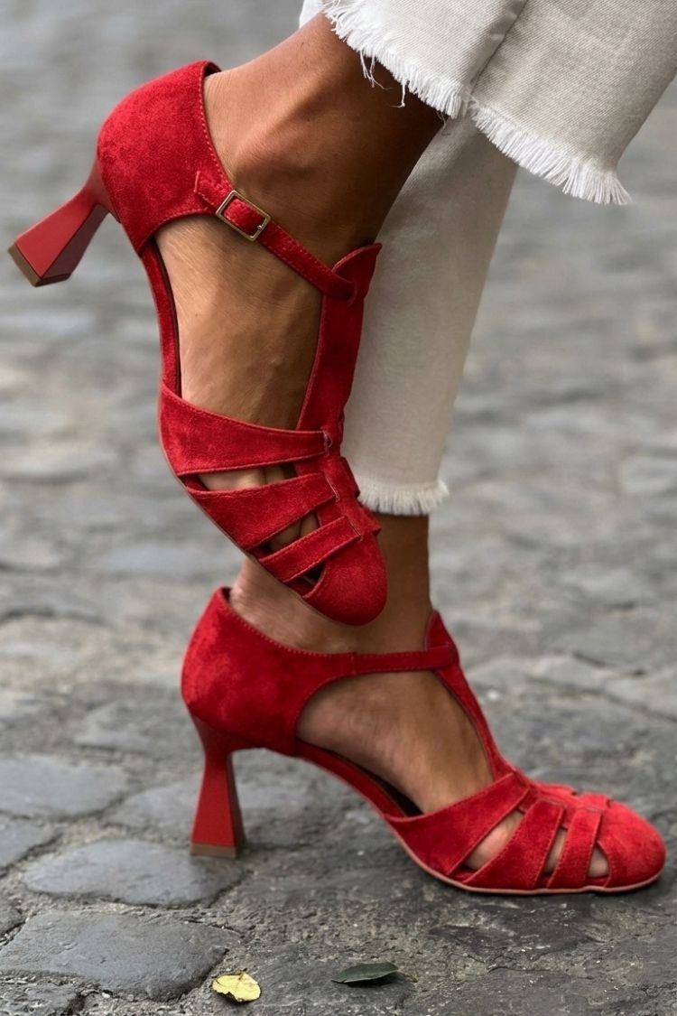 Kiara – Green Crochet Cut-Out Closed-Toe Heeled Sandals – Byron Grace