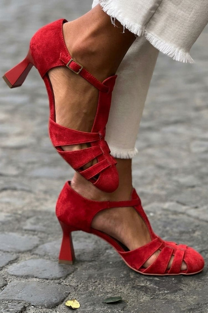 Kiara – Green Crochet Cut-Out Closed-Toe Heeled Sandals – Byron Grace
