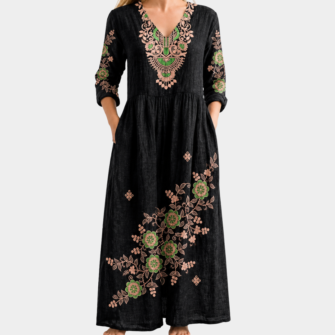 Delia - Midnight Garden Embroidered Elegance Dress