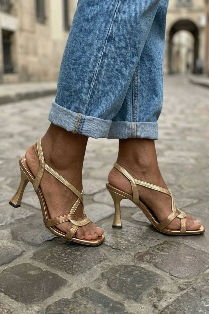 Jasmine – Gold Metallic Sandals with Criss-Cross Straps and Stiletto Heel – Byron Grace
