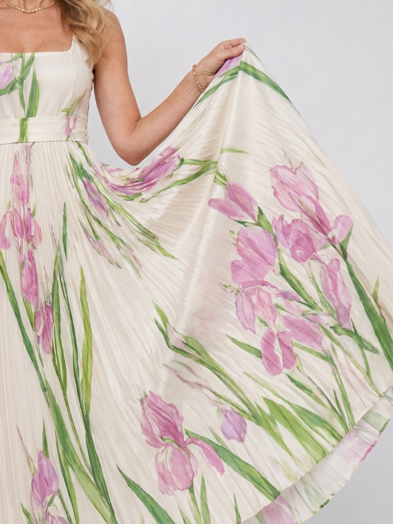 Chloe - Sleeveless Satin Midi Dress with Square Neck and Pleats