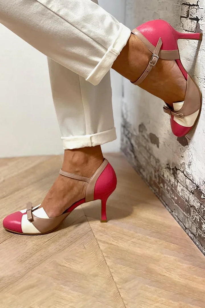Josie – Fuchsia Colour-Block Patchwork Round-Toe Stiletto Heels with Bow – Byron Grace