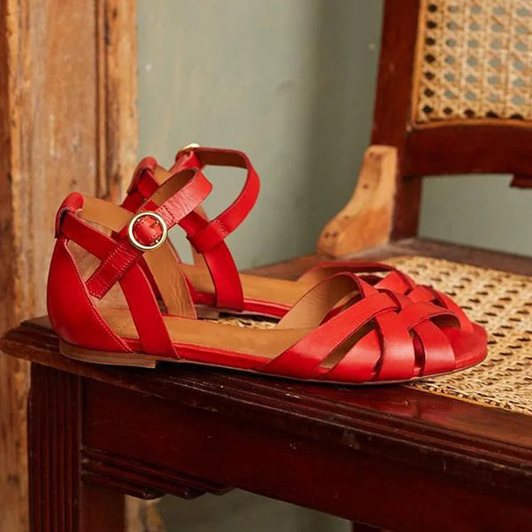 Tia – Plain Cut-Out Peep-Toe Sandals with Ankle Strap and Buckle – Byron Grace