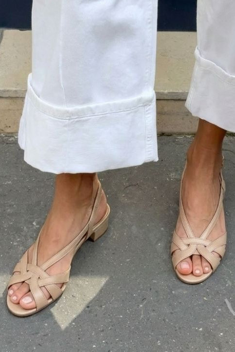 Scarlett – Nude Leather Slingback Sandals with Criss-Cross Straps and Low Heel – Byron Grace