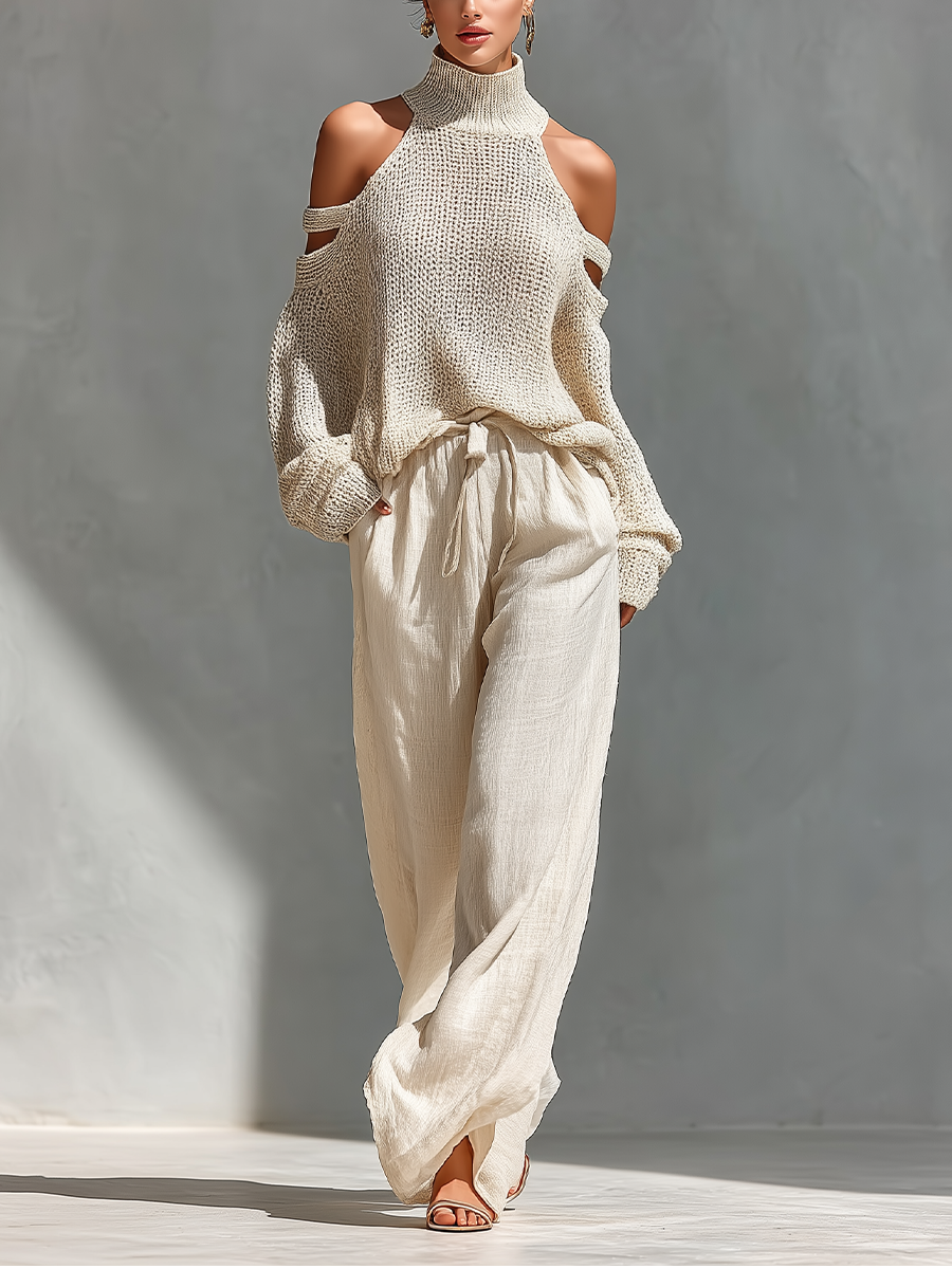 MARIA - Knit Fabric Cold-Shoulder Turtleneck Top & Wide-Leg Pants Set