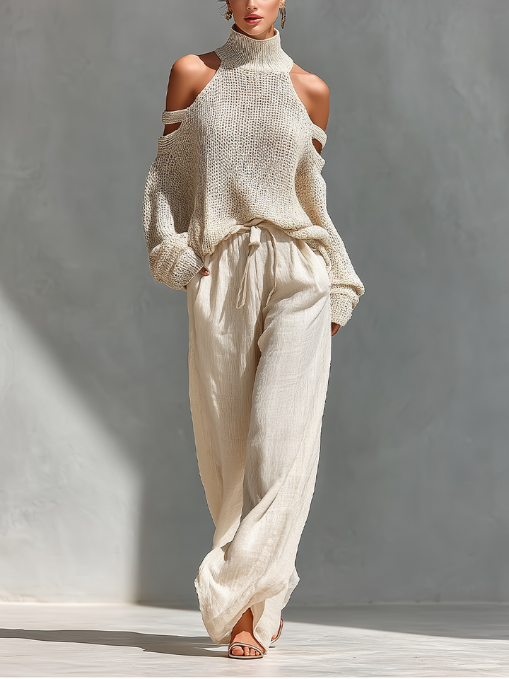 MARIA - Knit Fabric Cold-Shoulder Turtleneck Top & Wide-Leg Pants Set