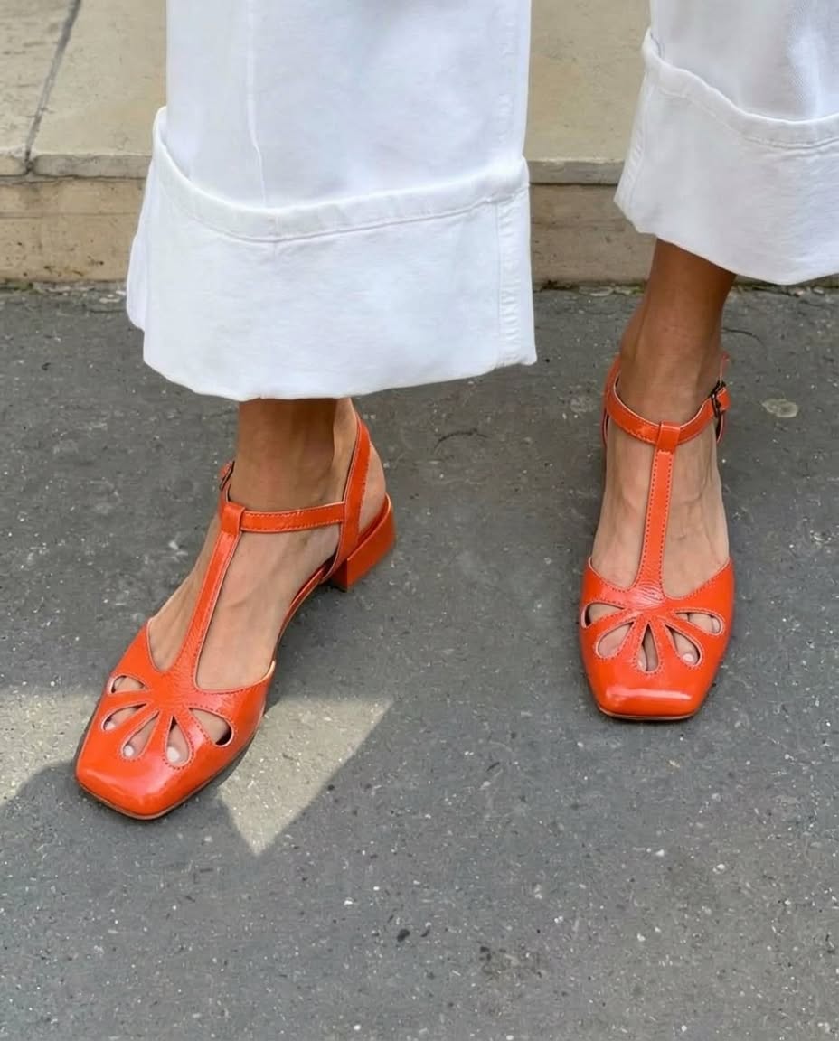 Jade – Orange Floral Cut-Out Square-Toe Block Heels with T-Strap – Byron Grace
