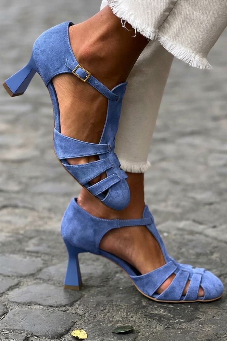 Kiara – Green Crochet Cut-Out Closed-Toe Heeled Sandals – Byron Grace